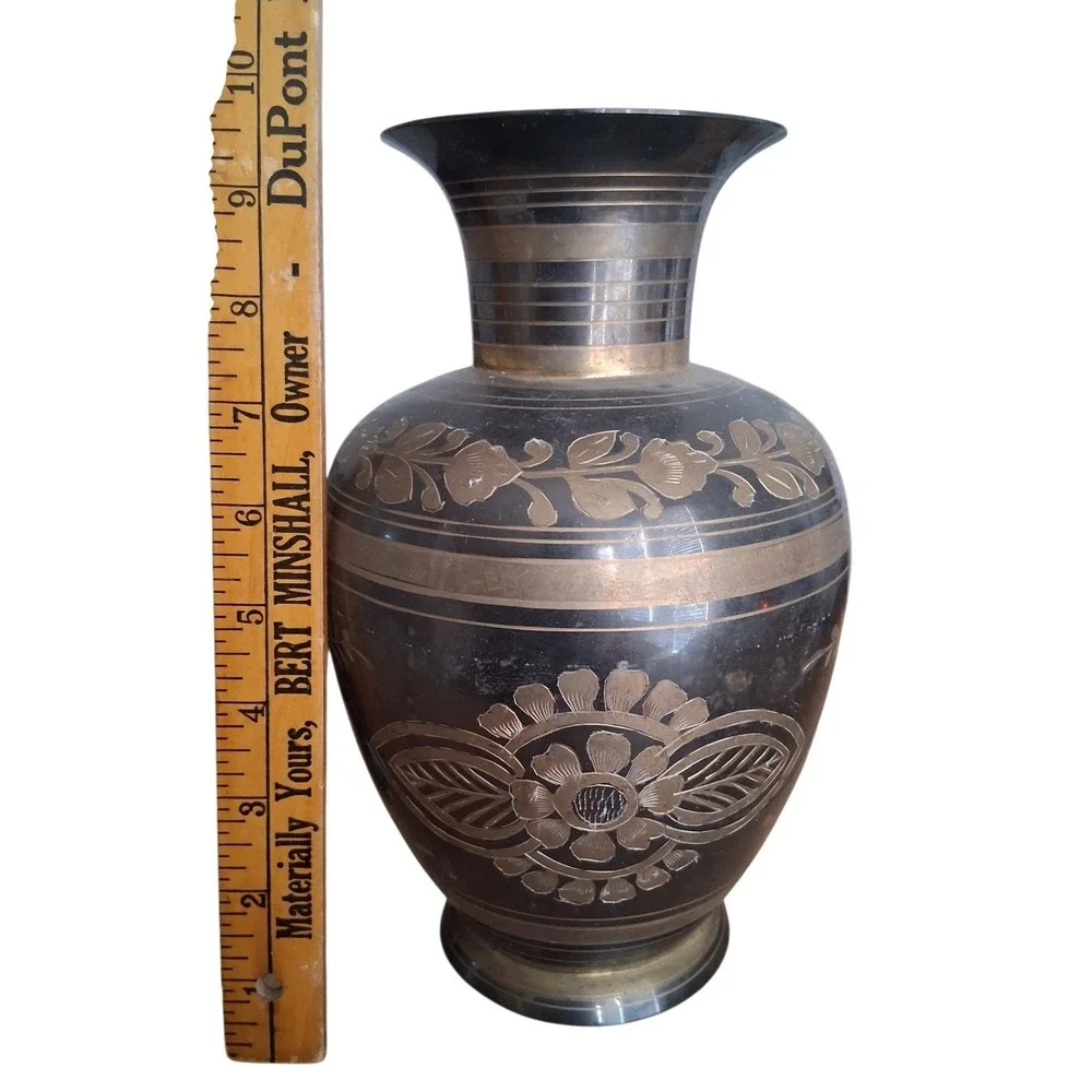 Vintage Floral Leafy Etched Brass Vases‎ Made in India Home Decor